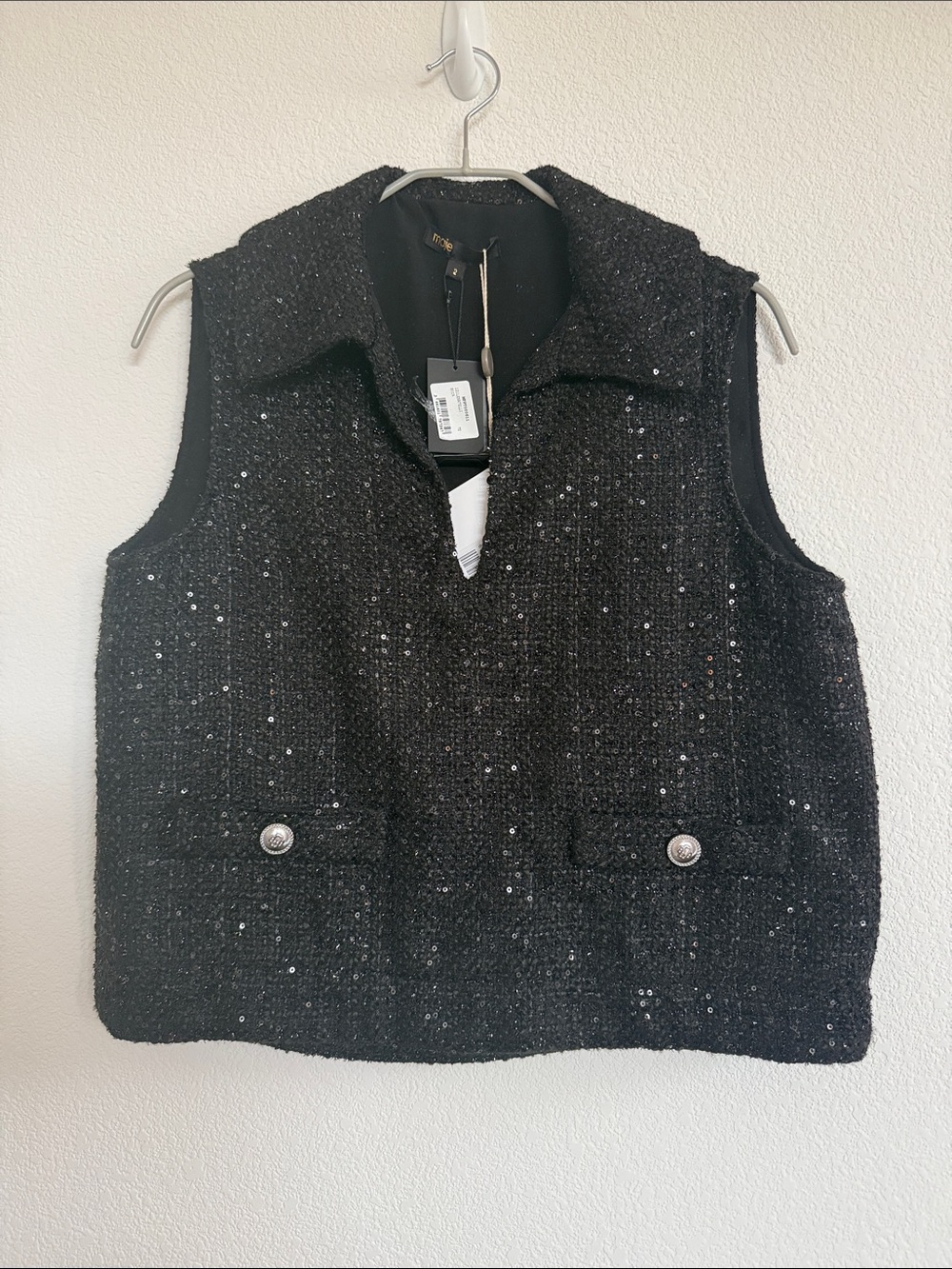Maje Black Tweed Vest with Shimmering Sequins Accents